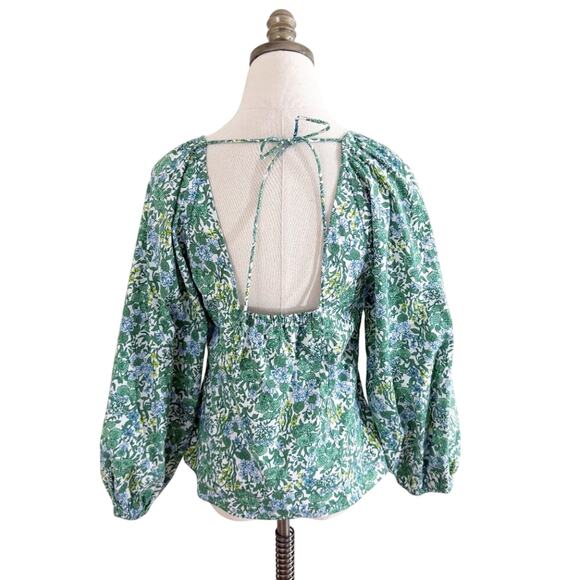 J. Crew Green and Blue Floral Print Blouse Women's Size 6 Low Back Bubble Sleeve - Picture 4 of 7